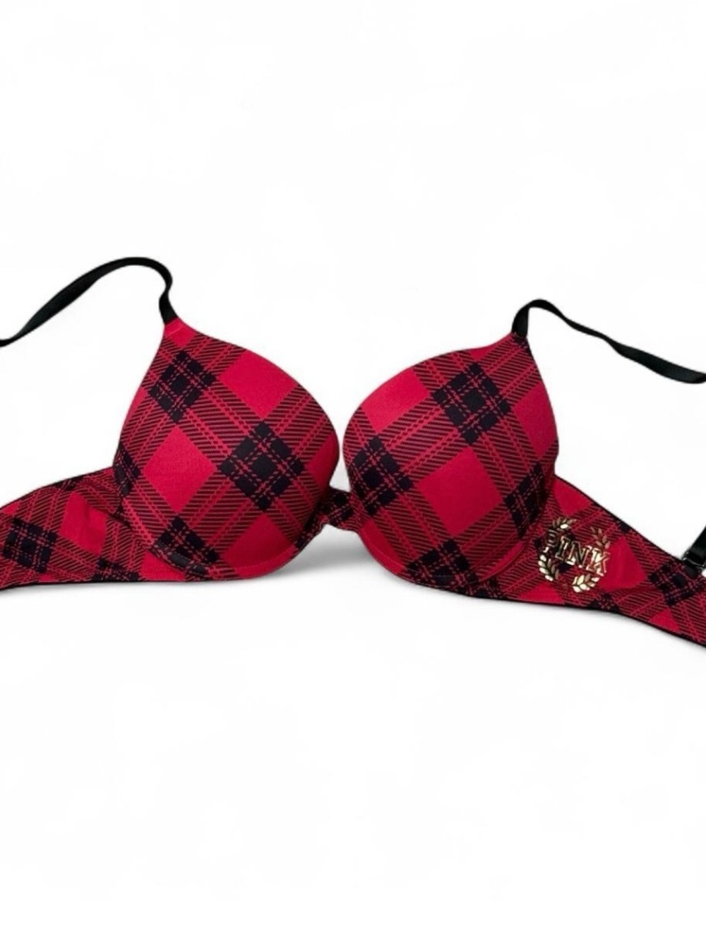 PINK Victoria's Secret Red Plaid Push-Up Bra with Black Trim